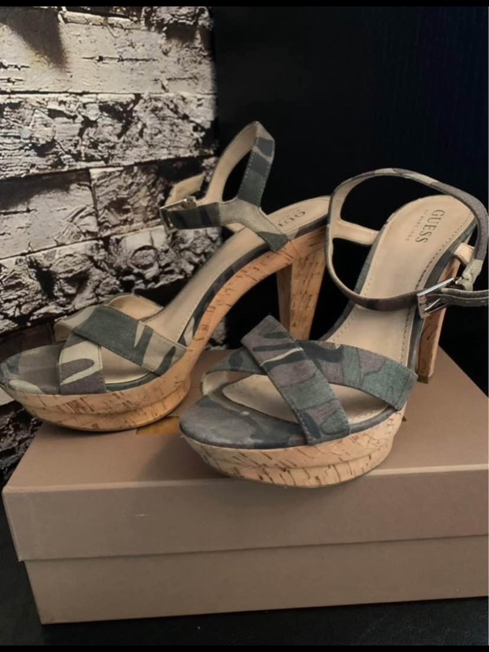 GUESS Camouflage Platform Cork Heels - Green and Brown Camo